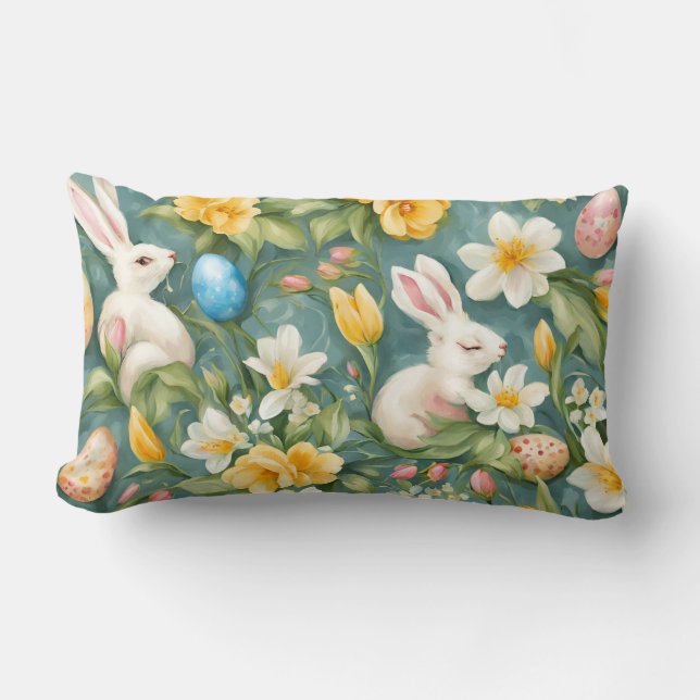 Bunnies, Spring Flowers and Easter Eggs. Painting Lumbar Pillow (Front)