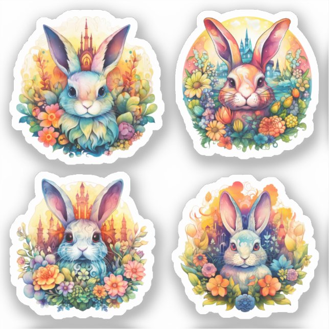Bunnies with brown eyes in among flowers sticker (Front)
