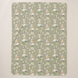Bunnies with Carrots Green Daisy Flowers Birthday Sherpa Blanket