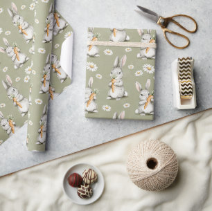 Bunnies with Carrots Green Daisy Flowers Birthday Wrapping Paper