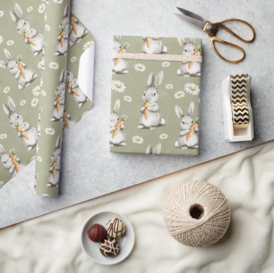 Bunnies with Carrots Green Daisy Flowers Birthday Wrapping Paper