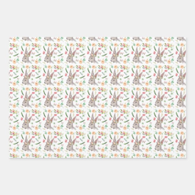 Bunnies with Flowers Wrapping Paper Sheets (Front)