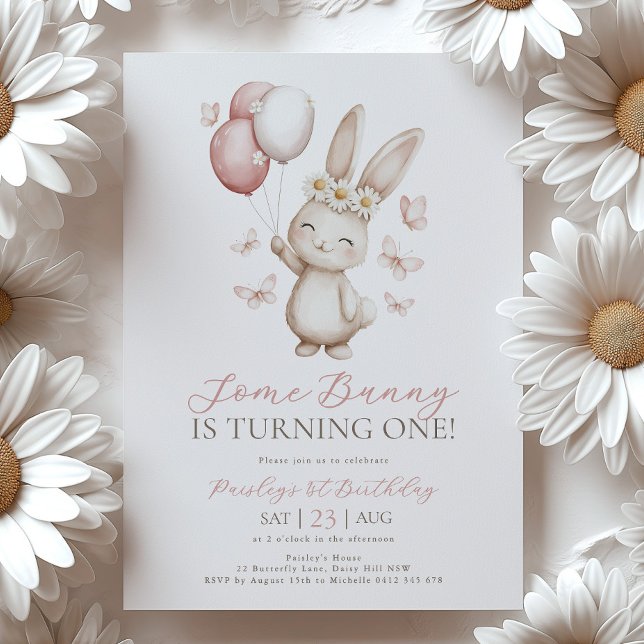 Bunny 1st Birthday Daisy Balloon Butterfly Invitation (Some Bunny is 1! 1st Birthday Invitation with bunny, daisies, butterflies and balloons)