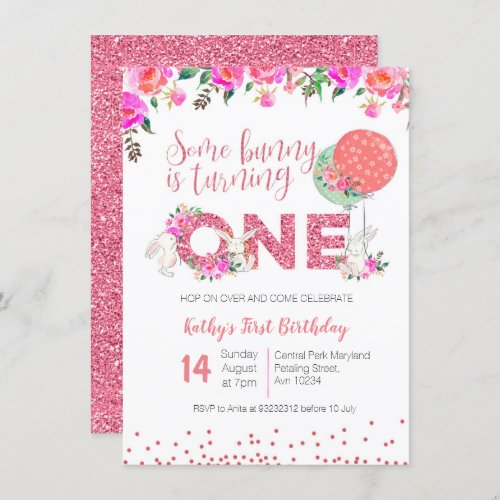 Bunny 1st Birthday Floral Invitation Pink glitter