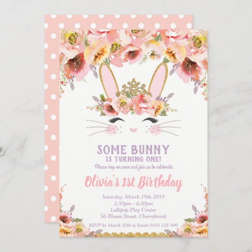 Bunny 1st Birthday Invitations Girls Floral Rabbit