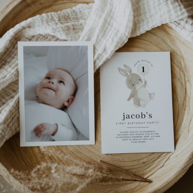 Bunny 1st  Birthday Photo Invitation White Balloon (Creator Uploaded)
