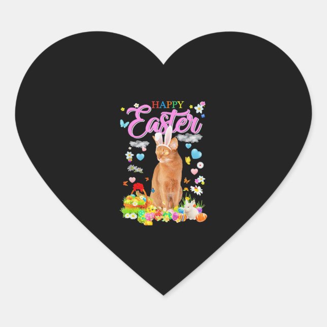 Bunny Abyssinian Cat Happy Easter Heart Sticker (Front)