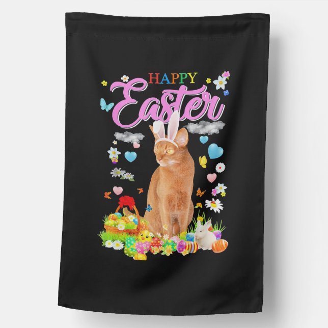 Bunny Abyssinian Cat Happy Easter House Flag (Front)