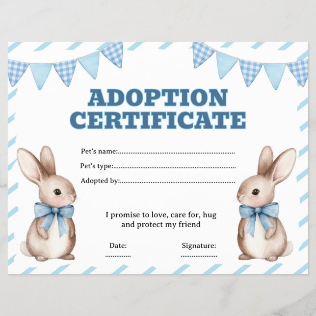 Bunny adopt a pet certificate editable flyer (Front)