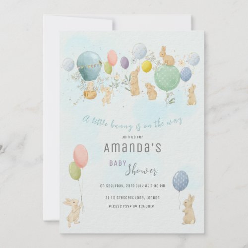 Bunny and Air Balloon Baby Shower Invitation