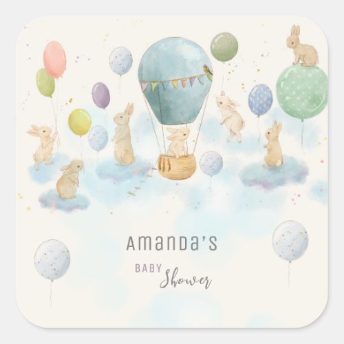 Bunny and Air Balloon Baby Shower Square Sticker