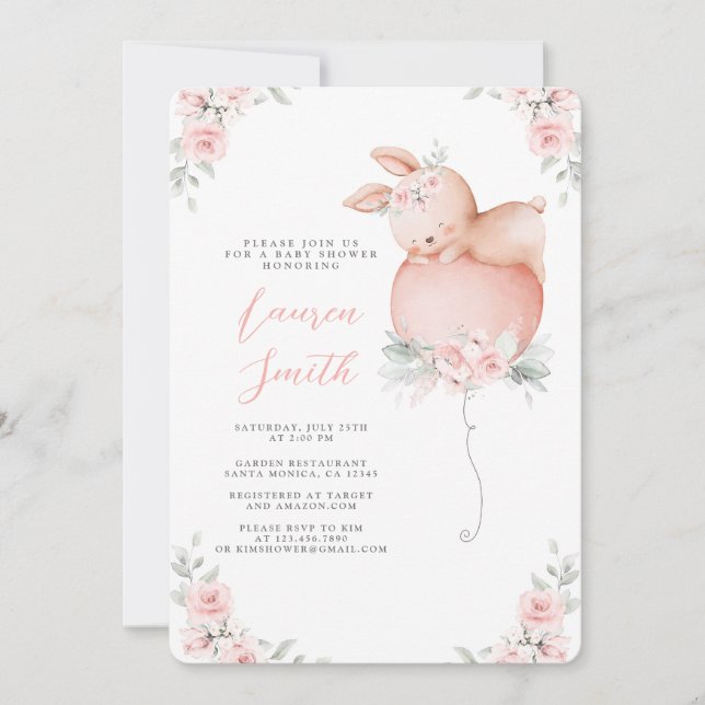 Bunny and Balloon Baby Shower Girl Invitation (Front)