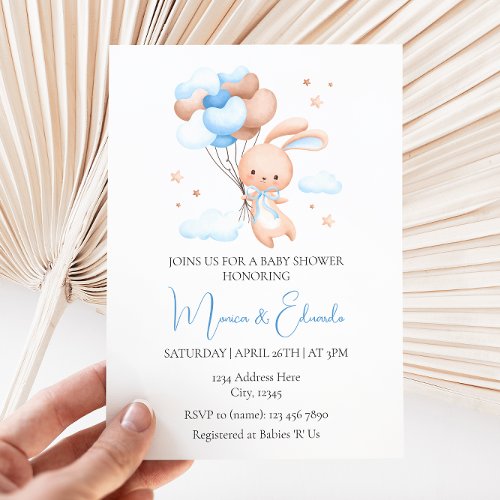 Bunny and Balloons Boy Baby Shower Invitation