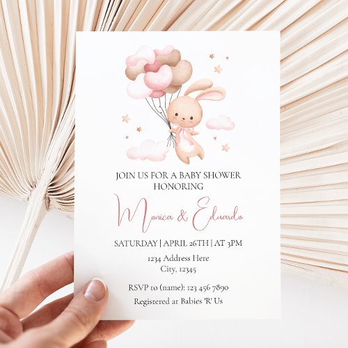 Bunny and Balloons Girl Baby Shower Invitation