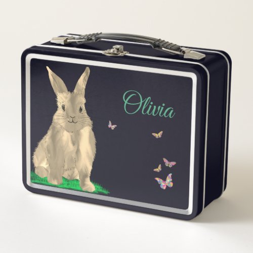 Bunny and Butterflies Girls Name School Metal Lunch Box