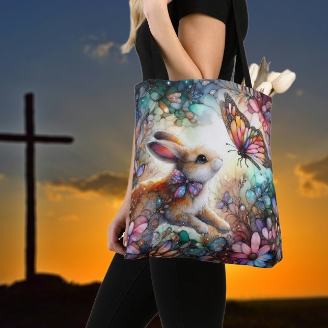 Bunny And Butterfly Beautiful Stained Glass Easter Tote Bag (Creator Uploaded)