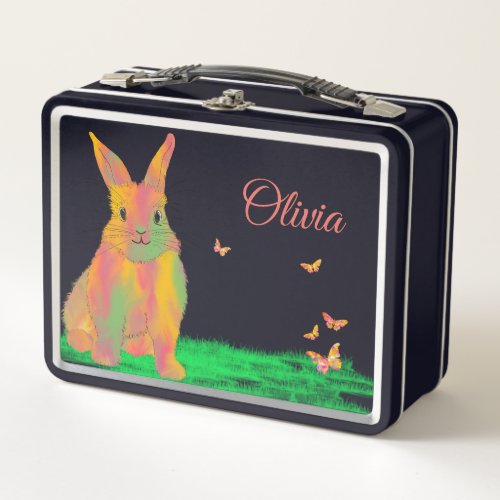 Bunny and Butterfly Watercolor Name School Metal Lunch Box
