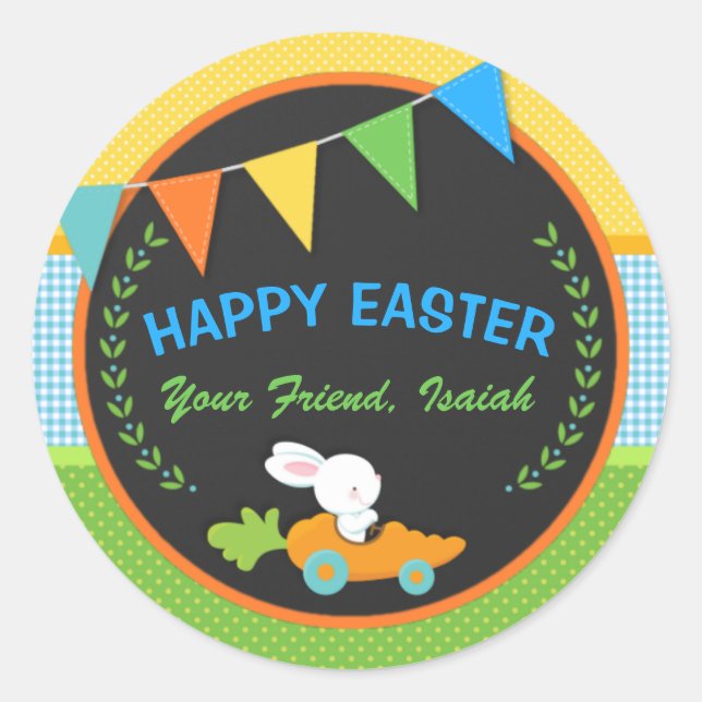 Bunny and Carrot Happy Easter Personalized Classic Round Sticker (Front)