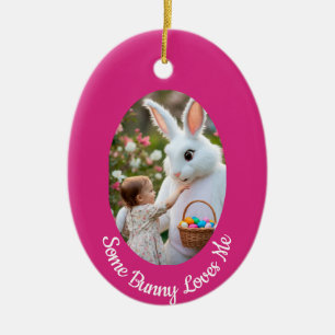 Bunny and Child photo pink blue Oval Frame Easter Ceramic Ornament