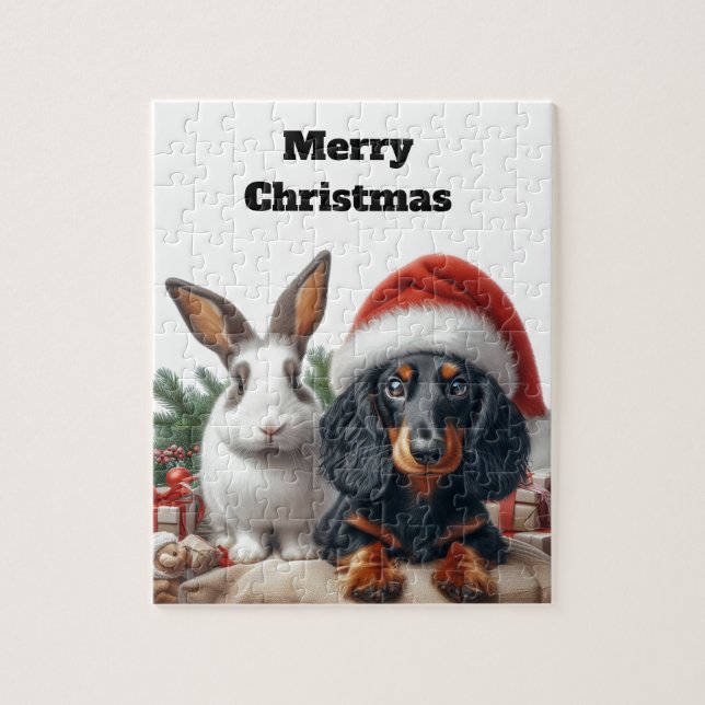 Bunny and Dachshund Christmas Jigsaw Puzzle (Vertical)