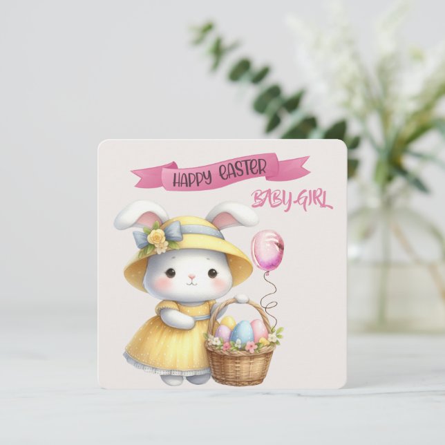 Bunny and Easter Basket Happy Easter Baby Girl  Card (Standing Front)