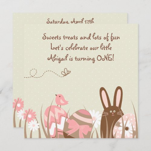 Bunny and Easter Eggs 1st Birthday Invite Girls