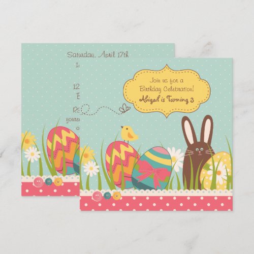 Bunny and Easter Eggs Birthday Invitation ~ Girls