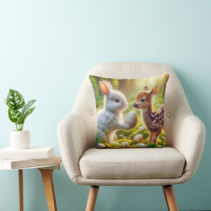 Bunny and Fawn With Easter Eggs Throw Pillow