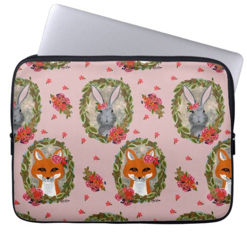 Bunny and fox portraits with flowers and wreath laptop sleeve