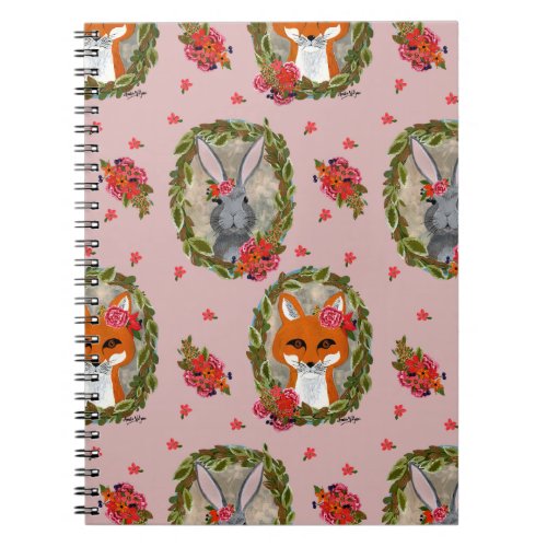 Bunny and fox portraits with flowers and wreath th notebook