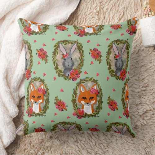 Bunny and fox portraits with flowers and wreath th throw pillow