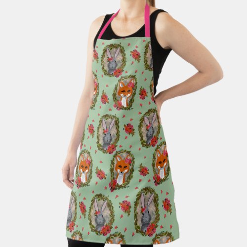 Bunny and fox portraits with flowers and wreaths apron