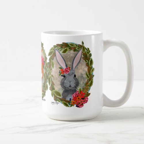 Bunny and fox portraits with flowers and wreaths coffee mug