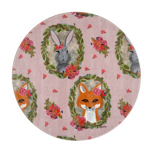 Bunny and fox portraits with flowers and wreaths cutting board