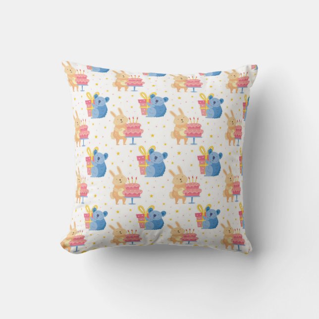 Bunny And Koala Bear On Children Birthday Party Throw Pillow (Front)