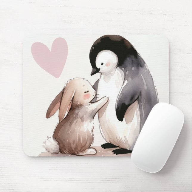 Bunny and Penguin Friendship Mouse Pad (With Mouse)