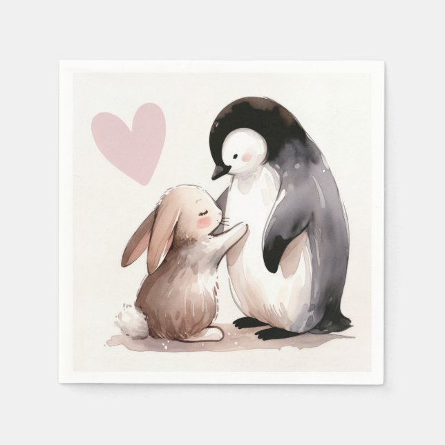 Bunny and Penguin Friendship Napkins (Front)