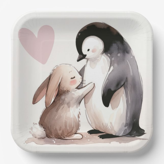 Bunny and Penguin Friendship Paper Plates (Front)