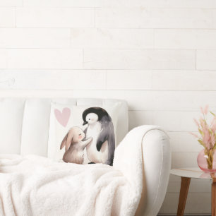 Bunny and Penguin Friendship Throw Pillow