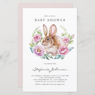 Bunny and Pink Flowers Baby Shower Invitation