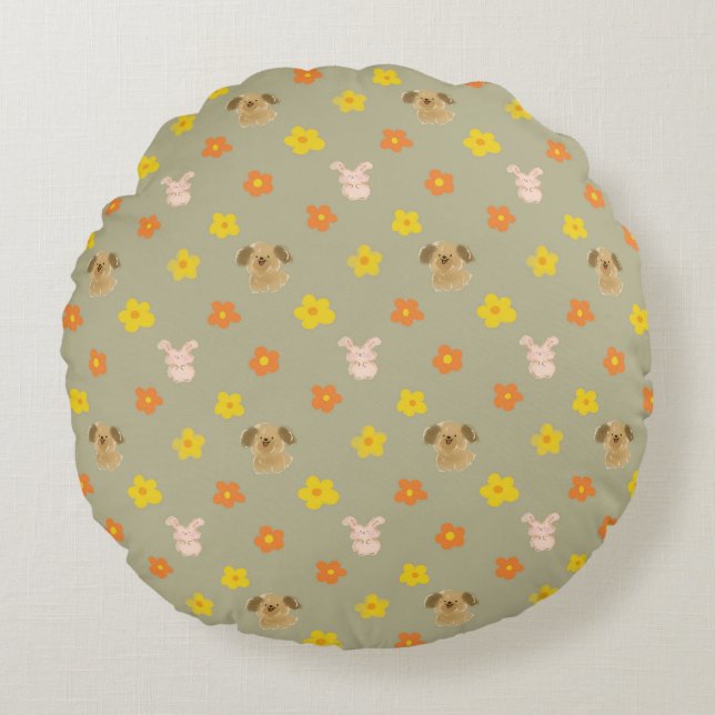 Bunny and puppy pattern round pillow (Front)