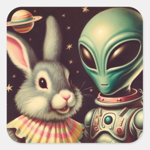 Bunny and Space Alien Retro Kitschy Sci Fi Sticker