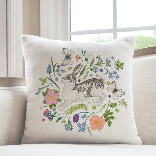 Bunny and Spring Flowers  Throw Pillow