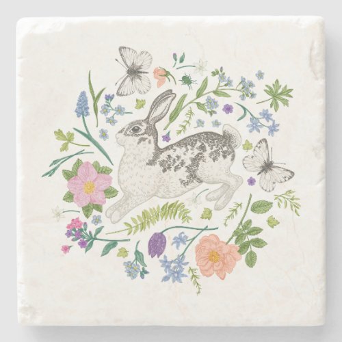 Bunny and Spring Flowers  Throw Pillow Stone Coaster