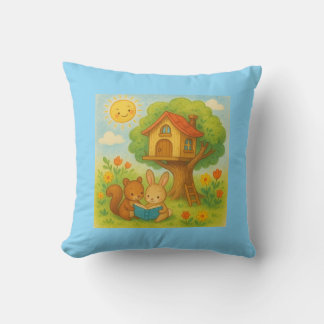Bunny and Squirrel Reading by Treehouse – Cute Pas Throw Pillow