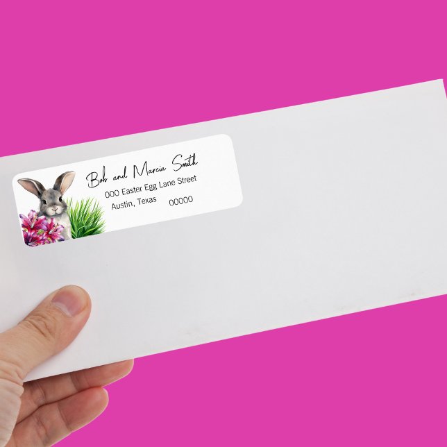 Bunny and Stargazer Lily For Easter Label (Cute bunny with Easter Stargazer Lily in pink and purple Easter return address labels)