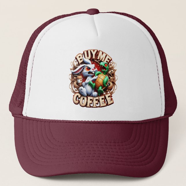 Bunny and Turtle with Coffee Cup Buy Me A Coffee Trucker Hat (Front)