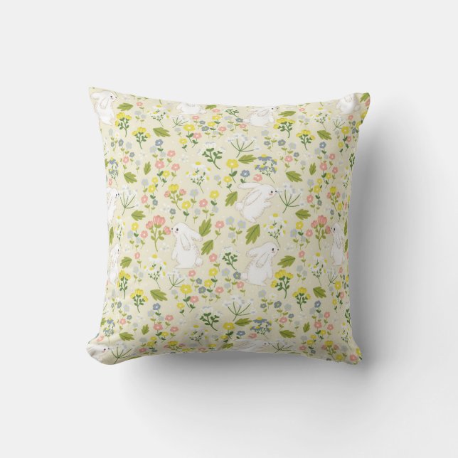 Bunny and Wildflower Harmony Throw Pillow (Front)