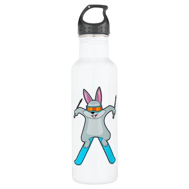 Bunny as Skier with Ski Stainless Steel Water Bottle (Front)