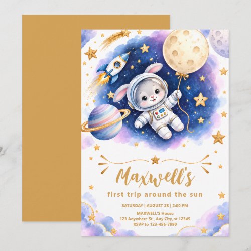 Bunny Astronaut First Birthday Invitation